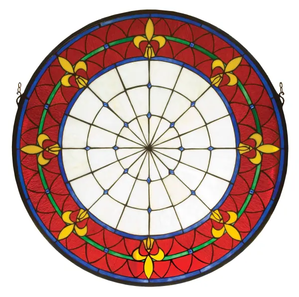 A Meyda Tiffany original design; the Fleur-de-Lis medallion window is an intricate design of Yellow tri-petaled irises and Azure colored jewels against Crimson and Cobalt bands. Reminiscent of castle and cathedral windows; this pattern holds a prominent place in French Heraldry. Handcrafted utilizing the copperfoil construction process and 296 pieces of stained art glass and 24 Azure glass jewels encased in a solid brass frame. Mounting bracket and jack chain are included.