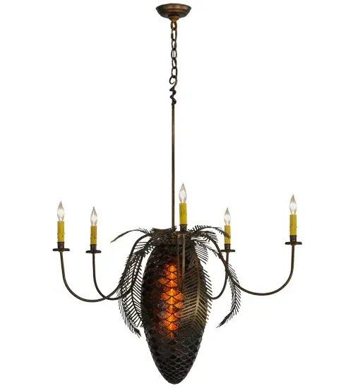 A large lighted Pinecone constructed of hand cut Bark Brown granite glass is adorned with Pine bough covered arms that terminate in elegant simulated wax candles. This handsome five arm chandelier has a Rust finish and a rustic lodge appeal. All metal work is hand crafted in the USA by Meyda artisans. - alternate view