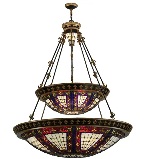 A Meyda Tiffany original design; the Fleur-de-Lis two tier inverted pendant is an intricate design of Yellow tri-petaled irises and Azure colored jewels against Crimson and Cobalt bands. Reminiscent of castle and cathedral glass; the fleur-de-lis pattern holds a prominent place in French Heraldry. Intricately detailed hardware; hand finished in Mahogany Bronze with Antique Gold accents; cradles a stained glass shade and lighted hub which are hand crafted utilizing the copperfoil construction process. - alternate view