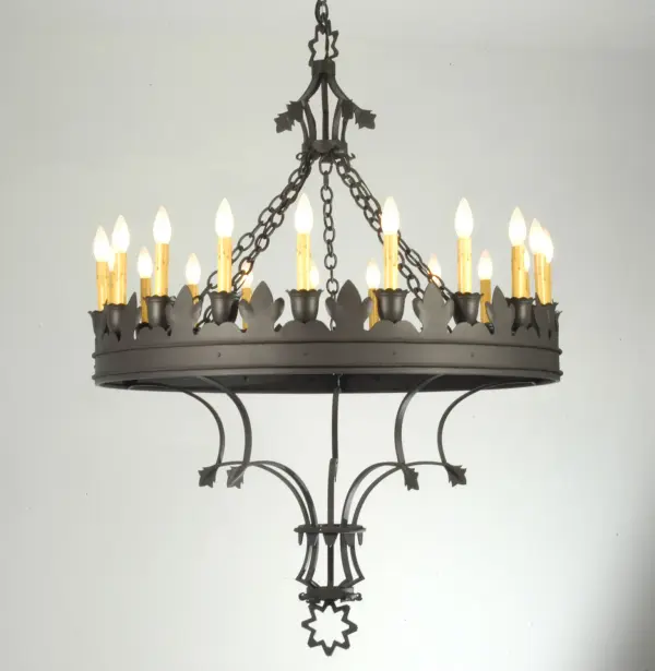 This handsome rustic styled chandelier is leaf adorned and lighted by a ring of wax like candelabras. The fixture with chain suspension, candles and Wrought iron finish, is reminiscent of ancient times. Handcrafted by highly skilled artisans in our 180,000 square foot manufacturing facility in Yorkville, NY. Custom colors, styles, and sizes available. Dimmable energy efficient lamping options offered. UL and cUL listed for dry and damp locations. Collection: Seville Finish: Wrought Iron Glass: White Width: 36.00" Height: 55.00" Length: 36.00" Weight: 52.00 lb Number of Bulbs: 20 Maximum Wattage: 60.00 W Bulb Type: B10 Bulb Base: E12 Material: Steel Country of Origin: USA Safety Listing: Damp Safety Rating: Damp