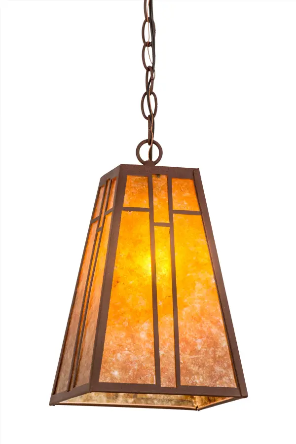 Inspired by the Arts and Crafts Movement while incorporating eastern influences; Yosemite presents a tapered body to create a handsome work of art. The bold lines and hardware are featured in a hand applied Rust finish to complement the Amber Mica diffuser. The pendant is ideal for any interiors or covered porch. Handcrafted by Meyda artisans in Upstate New York; this fixture is offered in custom sizes; styles and colors; and with dimmable energy-efficient lamping options. The pendant is UL listed for damp and dry locations.