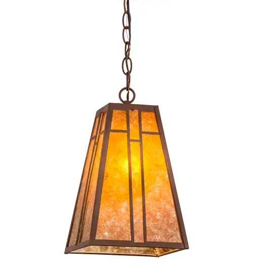 Inspired by the Arts and Crafts Movement while incorporating eastern influences; Yosemite presents a tapered body to create a handsome work of art. The bold lines and hardware are featured in a hand applied Rust finish to complement the Amber Mica diffuser. The pendant is ideal for any interiors or covered porch. Handcrafted by Meyda artisans in Upstate New York; this fixture is offered in custom sizes; styles and colors; and with dimmable energy-efficient lamping options. The pendant is UL listed for damp and dry locations. - alternate view