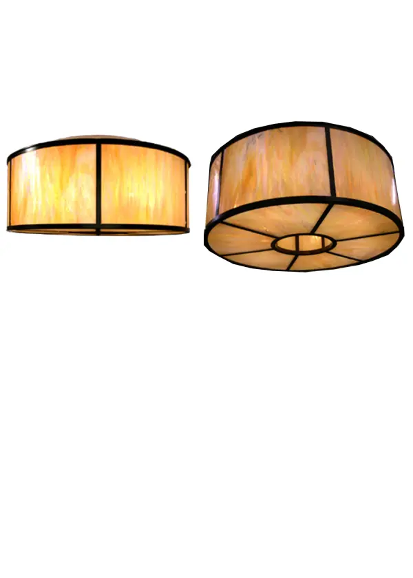 Simple; clean lines and geometric shapes define this massive Bent Glass lighting fixture. A Beige Iridescent Glass lens is complemented with matching top and bottom diffusers. This extraordinary ceiling fixture offers a frame and hardware in a Timeless Bronze finish. It is ideal as a centerpiece in dining areas and lobbies while providing beautiful; robust ambient lighting in fine homes and other spaces from Biltmore; North Carolina; to Dumbarton Oaks in Washington; DC; to Montecito; California. The Mission Prime Semi-Flushmount is included in our American-made; American-designed; handcrafted Quality Bent Glass Collection and manufactured in Yorkville; New York. The fixture is UL; and cUL is listed for dry and damp locations. The Quality Bent Glass division of Meyda Tiffany has been in the making for over 100 years. The company revolutionized the manufacturing process for high-temperature glass forming by custom building production capacity glass forming ovens and kilns. Today; we are still creating timeless masterpieces using tools and methods from when we supplied Tiffany Studios.