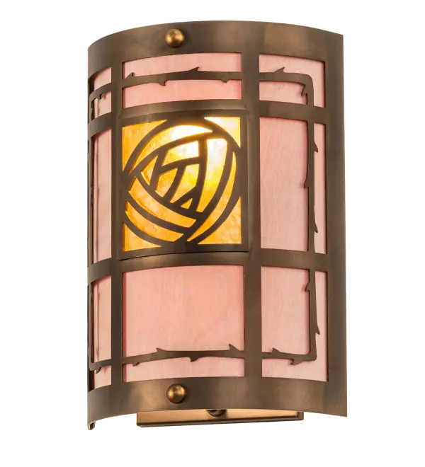 This handsome Bungalow Rose adorned mission wall sconce is handcrafted in the USA by Meyda artisans. The handsome fixture is finished in Antique Copper and has Birch bark and Amber mica panels. Collection: Bungalow Rose Finish: Antique Copper Glass: Amber Mica And Birchwood Width: 8.75" Height: 12.50" Length: 4.50" Weight: 4.00 lb Extension from Wall: 4.50" Number of Bulbs: 2 Maximum Wattage: 60.00 W Bulb Type: A19 Bulb Base: E26 Material: Steel Country of Origin: USA Safety Listing: Damp Safety Rating: Damp