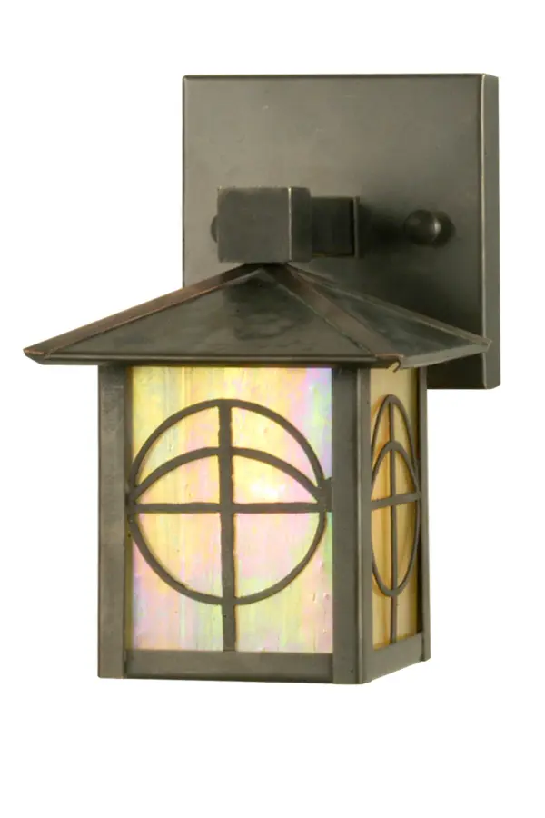 A circle and cross is depicted on this handsome American Craftsman lantern style solid mount wall sconce. The fixture; handcrafted in the USA by Meyda artisans; is finished in Craftsman Brown and has Beige Iridescent art glass panels. "