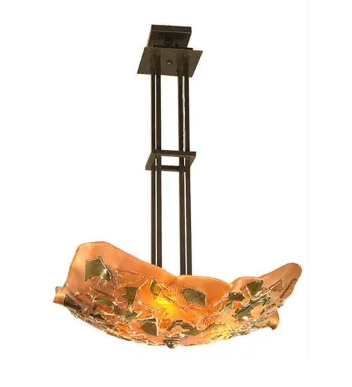 Hide beside the Metro Fusion; Urban Camo inverted pendant is the coolest look in Hot glass. Hand cut glass is fused and hot fired to fall into a crinkle draped shape. Handmade by Meyda Craftsmen; the shade of Amber and Olive camouflage colored glass with metal mesh accents hangs from Timeless Bronze finished hardware.
