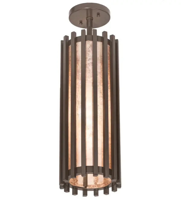 Industrial, Rustic or Gothic. Riker raises the bar on impactful, eclectic ambient lighting. Striking Timeless Bronze finished bars surround a stunning Silver Mica cylindrical diffuser. The hardware, frame and straight bar design are featured in a Timeless Bronze finish. Handcrafted by highly skilled artisans in our 180,000 square foot manufacturing facility in Yorkville, New York. This pendant offers a wide range of custom choices including various designs, finishes, and sizes. Dimmable energy efficient lamping options offered. UL and cUL listed Collection: Riker Finish: Timeless Bronze Glass: Silver Mica Width: 7.00" Height: 22.00" Length: 7.00" Weight: 9.50 lb Number of Bulbs: 1 Maximum Wattage: 12.00 W Bulb Type: A19 Bulb Base: E26 Light Source: LED Material: Steel Country of Origin: USA Safety Listing: Damp Safety Rating: Damp LED