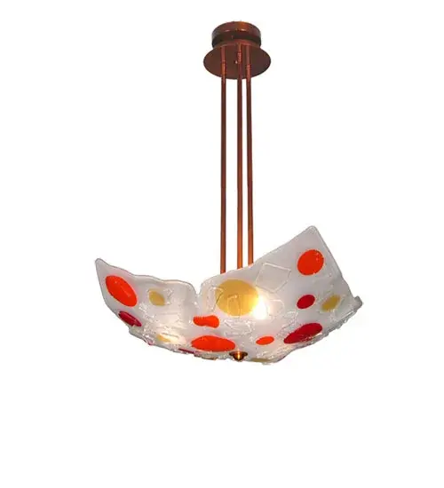 The Metro Fusion; Gum Drop inverted pendant is the coolest look in Hot glass. Hand cut glass is fused and hot fired to fall into a crinkle draped shape. Handmade by Meyda Craftsmen the sweet Cherry Red; Orange and Lemon Yellow shade with Transparent Copper hardware is one tasty dish.