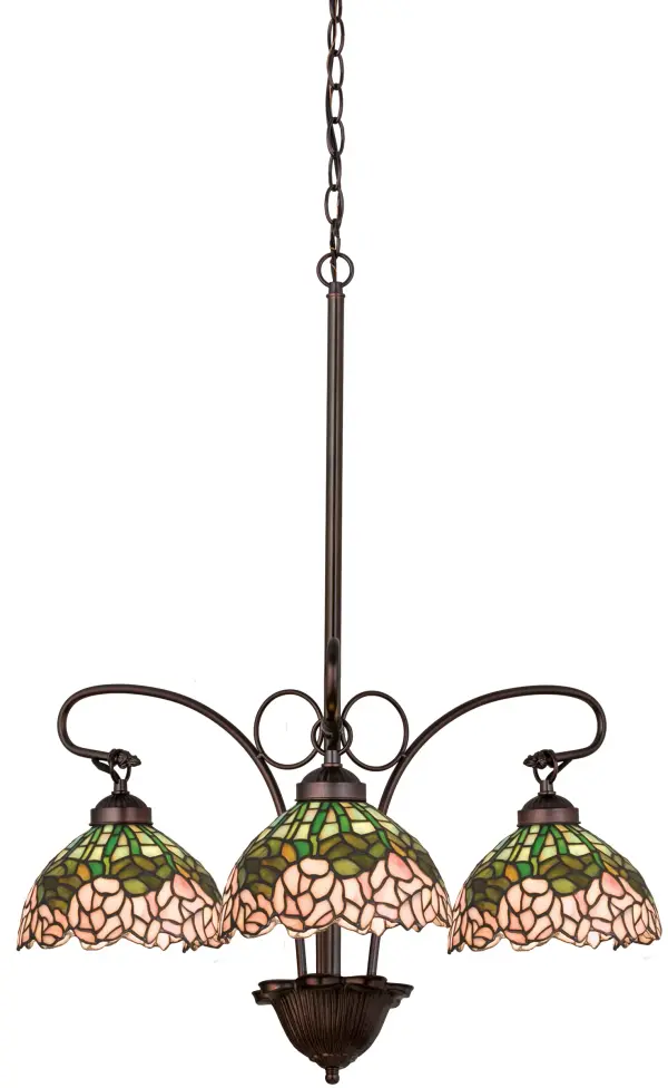A wreath of full blooming Passion Pink cabbage roses circle this beautiful stained glass shade in a design inspired by the Louis Comfort Tiffany studio. Bronzed Green leaves and stems form a pattern against an Opal sky in this lovely Mahogany Bronze finished three light chandelier.