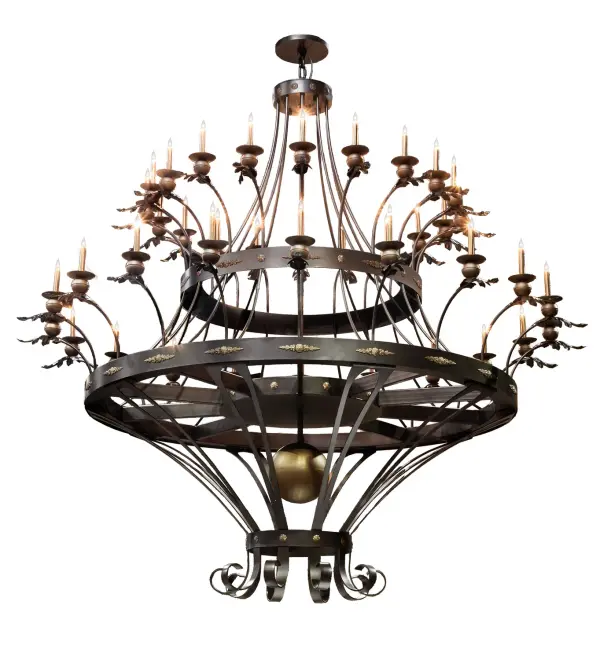 An elaborate lighting design created with detailed intricacy and beautiful illumination. This magnificent, upscale chandelier features 2 curvaceous tiers embracing 40 Amber faux candlelights. The overall height ranges from 114 to 234 inches as the chain length can be easily adjusted in the field to accommodate your specific lighting application needs. The frame and hardware are featured in an Oil Rubbed Bronze finish with Royal Bronze highlighted medallions. Ideal for lobbies, foyers, banquet rooms and reception areas. Custom crafted in our 180,000 square foot manufacturing facility in Yorkville, NY. Special sizes and finishes are available. Dimmable energy efficient lamping options offered. UL and cUL listed for dry and damp locations. Collection: Chloe Finish: Exterior Oil Rubbed Bronze Glass: Gold Width: 112.00" Height: 114.00" Length: 112.00" Weight: 569.00 lb Number of Bulbs: 40 Maximum Wattage: 4.00 W Bulb Type: BA9 Bulb Base: E12 Light Source: LED Material: Steel Country of Origin: USA Safety Listing: Damp Safety Rating: Damp LED