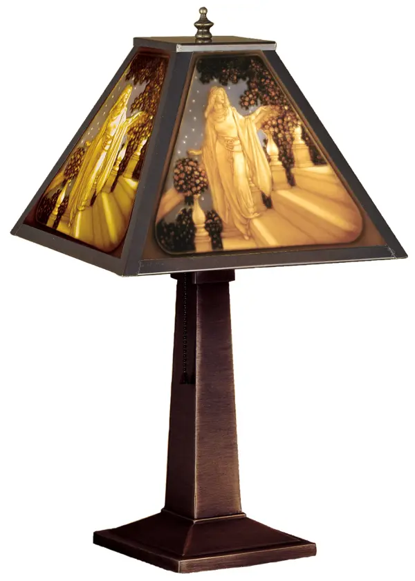 Maxfield Parrish (1870-1966); one of the best-known and most successful artists of his day employed unique techniques and luminescent colors; realism; and fantastical imagery. This table lamp; features a lovely; genuine porcelain lithophane reproduction of his Cinderella illustration.
