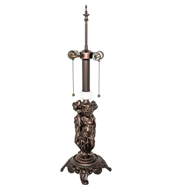 This slender table base features intricate metal statuettes of three Greek goddesses; including Aglaea (splendor); Euphrosyne (mirth); and Thalia (good cheer)_who embody charm; beauty; nature; human creativity; and fertility. Daughters of Zeus; they symbolize joy; youth; and the harmonious; intertwined nature of grace and beauty in art and life. The Mahogany Bronze decorative base features White Onyx accents and is perfect for embracing a single shade; crafted from stained glass and other fine materials; and available in diameters ranging from 18 to 24 inches. Two traditional pull chains are available to illuminate one bulb or both. The Three Graces 2 Light Table Base is included in the American- Designed; handcrafted Decorative Floor Base collection. UL and cUL listed for dry locations.