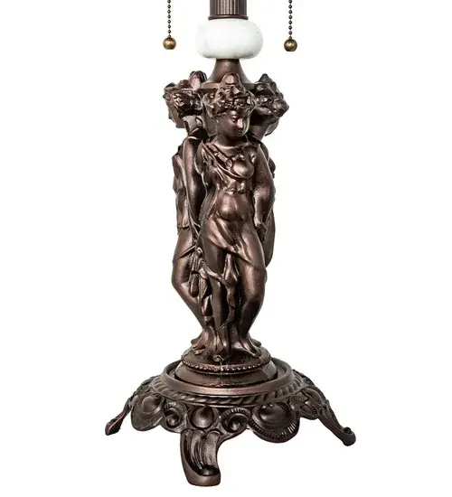 This slender table base features intricate metal statuettes of three Greek goddesses; including Aglaea (splendor); Euphrosyne (mirth); and Thalia (good cheer)_who embody charm; beauty; nature; human creativity; and fertility. Daughters of Zeus; they symbolize joy; youth; and the harmonious; intertwined nature of grace and beauty in art and life. The Mahogany Bronze decorative base features White Onyx accents and is perfect for embracing a single shade; crafted from stained glass and other fine materials; and available in diameters ranging from 18 to 24 inches. Two traditional pull chains are available to illuminate one bulb or both. The Three Graces 2 Light Table Base is included in the American- Designed; handcrafted Decorative Floor Base collection. UL and cUL listed for dry locations. - alternate view