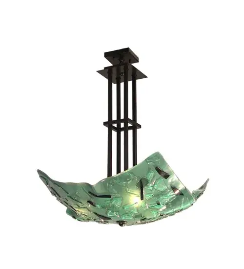 Reflect beside Metro Fusion; Seaweed inverted pendant is the coolest look in Hot glass. Hand cut glass is fused and hot fired to fall into a crinkle draped shape. Handmade by Meyda Craftsmen; the shade of Aqua and Kelp colored glass with metal mesh accents hangs from Timeless Bronze finished hardware.