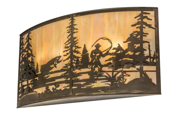 Fishing enthusiasts will cast their lines in delight for this striking lighting design; which features a trout leaping out of the lake as the late morning sun radiates beautiful ambient light through Beige Iridescent art glass. The stunning diffuser is complemented with decorative accents and hardware featured in an Antique Copper finish. The wall fixture is handcrafted in the Meyda manufacturing facility at the foothills of the Adirondack Mountain lake country; in the USA.Custom sizes; styles and colors are available; as well as dimmable energy efficient lamping options. This sconce is UL and cUL listed.