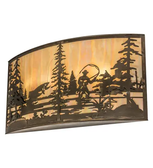 Fishing enthusiasts will cast their lines in delight for this striking lighting design; which features a trout leaping out of the lake as the late morning sun radiates beautiful ambient light through Beige Iridescent art glass. The stunning diffuser is complemented with decorative accents and hardware featured in an Antique Copper finish. The wall fixture is handcrafted in the Meyda manufacturing facility at the foothills of the Adirondack Mountain lake country; in the USA.Custom sizes; styles and colors are available; as well as dimmable energy efficient lamping options. This sconce is UL and cUL listed. - alternate view