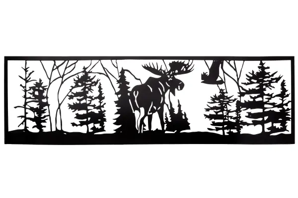 This stunning; decorative railing features a majestic Moose meandering among tall pine trees while an Eagle soars above. The lengthy fixture; which is built for interior and exterior spaces; displays this exquisite metal motif in a Solar Black finish. The Moose Railing is included in our American-made; American-designed; handcrafted Nature Inspired Collection; which is manufactured in Yorkville; New York. Upstate New York's adventurous playland; known as the Adirondack Mountains; with its many breathtaking forests; lakes; and rivers; is the spiritual birthplace of Meyda and inspires our rustic-themed collections.