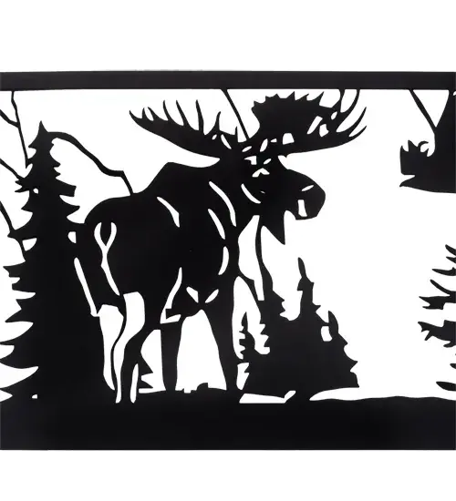This stunning; decorative railing features a majestic Moose meandering among tall pine trees while an Eagle soars above. The lengthy fixture; which is built for interior and exterior spaces; displays this exquisite metal motif in a Solar Black finish. The Moose Railing is included in our American-made; American-designed; handcrafted Nature Inspired Collection; which is manufactured in Yorkville; New York. Upstate New York's adventurous playland; known as the Adirondack Mountains; with its many breathtaking forests; lakes; and rivers; is the spiritual birthplace of Meyda and inspires our rustic-themed collections. - alternate view