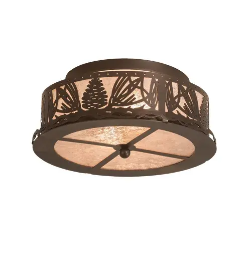 Mountain Pinecones and Pine needles adorn this unique nature-inspired ceiling fixture. Rustic charm comes alive with soft ambient light through Silver Mica which is accented by hardware featured in a Mahogany Bronze finish. The fixture is perfect for hallways; entryways; foyers; and rooms where you want to make a design statement. The ceiling fixture is handmade by highly skilled artisans in our 180;000 square foot manufacturing facility; at the foothills of New York's glorious Adirondack Mountains. Custom sizes; styles; finishes and dimmable energy efficient lamping options are offered. The 16-inch wide fixture is UL and cUL listed for dry and damp locations. - alternate view