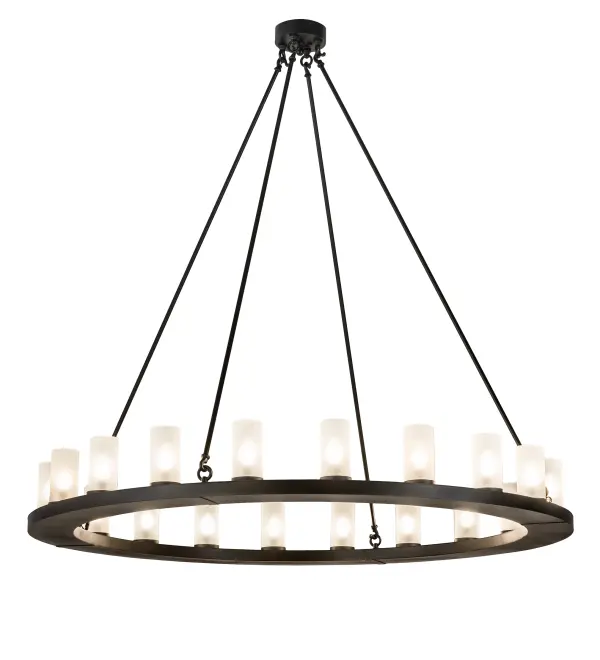 Blending an elegant style with a classic, distinguished look... This massive Loxley chandelier is custom-crafted with 20 Frosted Clear Glass Cylindres, which provide beautiful ambient lighting. These illuminating elements are perched on a sturdy ring, enhanced with a Blackwash finish. The luxurious custom-crafted fixture is ideal for illuminating ballrooms, dining areas, lobbies, entryways, and other residential, hospitality, and commercial spaces. The Loxley 20 Light Chandelier is part of our American-made, American-designed, handcrafted Loxley Lighting Collection. This fixture is manufactured in Yorkville, New York, and is UL and cUL listed for dry and damp locations. The Loxley Collection features various chandeliers, pendants, and wall sconces designed with sturdy rings accented with faux candlelights or cylindrical elements. Many of these fixtures make great statement pieces for large spaces and can be customized with your choice of size, finish, and lamping. Collection: Loxley Finish: Blackwash Glass: Frosted Clear Glass Width: 60.00" Height: 60.00" Length: 60.00" Weight: 75.00 lb Number of Bulbs: 20 Maximum Wattage: 60.00 W Bulb Type: B10 Bulb Base: E12 Material: Steel Country of Origin: USA Safety Listing: Damp Safety Rating: Damp
