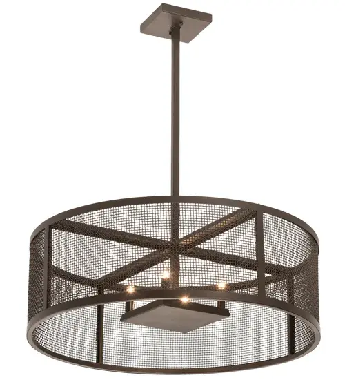 Discover a unique decorative look and industrial lighting design. A curvaceous Weave-Tex diffuser reveals four Complementary Faux Candlelights from within. Cilindro Rame offers solid hardware and a frame featured in a Bronze finish. The striking chandelier is ideal for illuminating entryways, ballrooms, and lobbies in hospitality and commercial locations. Inspired by boutiques, lounges, restaurants and other locations from Hilton Head Island, South Carolina, to West Palm Beach, Florida, to Dallas, Texas. The Cilindro Rame Pendant is included in our American-made, American-designed, handcrafted Industrial Lighting Collection and manufactured in Yorkville, New York. UL and cUL listed for dry and damp locations. Collection: Cilindro Finish: Bronze Glass: Black,Black,Clear Width: 30.00" Height: 36.00" Length: 30.00" Weight: 23.50 lb Extension from Wall: 6.00" Number of Bulbs: 4 Maximum Wattage: 60.00 W Bulb Type: BA9 Bulb Base: E12 Material: Steel Country of Origin: USA Safety Listing: Damp Safety Rating: Damp - alternate view