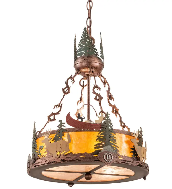 A stunning inverted ceiling pendant personalized with the B (Boulders) logo, 1915, and Cooperstown, NY graphics. An Angler is fishing from his rowboat on top of the shade while Deer are scampering among the Tall Pine trees across the perimeter of the shade. Soft ambient light is diffused beautifully through the Amber Mica lens, which is enhanced with a Silver Mica bottom diffuser. The fixture is complemented with a New Copper Vein metal finish, and Green Handpainted Pine Trees. The Boulders Personalized Inverted Pendant is included in our American-made, American-designed, handcrafted Personalized Lighting Collection and manufactured in Yorkville, New York. UL and cUL are listed for dry and damp locations. This specific pendant can be ordered, and we will coordinate the custom logo with you to suit your project. Call for pricing and lead time. Collection: Boulders Finish: New Copper Vein Glass: Amber Mica/Silver Mica Width: 16.00" Height: 24.50" Length: 16.00" Weight: 12.00 lb Number of Bulbs: 3 Maximum Wattage: 60.00 W Bulb Type: A19 Bulb Base: E26 Material: Steel Country of Origin: USA Safety Listing: Damp Safety Rating: Damp