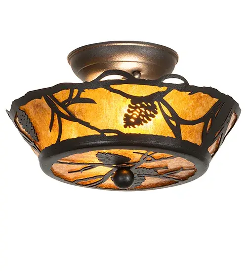 Listen closely. You can almost hear the soft whisper of the pine branches as they dance in the wind. Enjoy the warm ambiance of soft beautiful light diffused through an Amber Mica shade featuring stunning Pinecone and Pine Branch designs. The ceiling fixture is featured in a Textured Black finish. Handcrafted by highly skilled artisans in our 180,000 square manufacturing facility in Yorkville, New York. Shade colors, metal finishes and sizes can be customized. UL and cUL listed for dry and damp locations. Collection: Whispering Pines Finish: Textured Black Glass: Amber Mica Width: 10.00" Height: 6.50" Length: 10.00" Weight: 3.00 lb Number of Bulbs: 2 Maximum Wattage: 60.00 W Bulb Type: B10 Bulb Base: E12 Light Source: LED Color Temperature: 2700 K Material: Steel Country of Origin: USA Safety Listing: Damp Safety Rating: Damp LED - alternate view