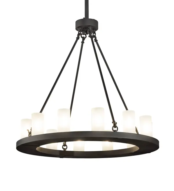 Blending an elegant style with a rich distinguished look, Loxley features 12 Satin-finished Clear Glass Cylindres on a solid ring that is hand finished in Wrought Iron. The exquisite chandelier is ideal for illuminating dining areas, conference tables, lobbies and other residential, hospitality and commercial spaces. Loxley is handcrafted by highly skilled artisans in our 180,000 square foot manufacturing facility in Yorkville, New York. Custom colors, styles and sizes are available. UL and cUL listed for dry and damp locations. Collection: Loxley Finish: Wrought Iron Glass: Frosted Clear Glass Width: 36.00" Height: 71.00" Length: 36.00" Weight: 51.00 lb Number of Bulbs: 12 Maximum Wattage: 40.00 W Bulb Type: B10 Bulb Base: E12 Material: Brass Country of Origin: USA Safety Listing: Damp Safety Rating: Damp