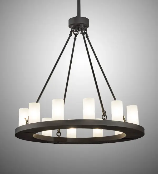 Blending an elegant style with a rich distinguished look, Loxley features 12 Satin-finished Clear Glass Cylindres on a solid ring that is hand finished in Wrought Iron. The exquisite chandelier is ideal for illuminating dining areas, conference tables, lobbies and other residential, hospitality and commercial spaces. Loxley is handcrafted by highly skilled artisans in our 180,000 square foot manufacturing facility in Yorkville, New York. Custom colors, styles and sizes are available. UL and cUL listed for dry and damp locations. Collection: Loxley Finish: Wrought Iron Glass: Frosted Clear Glass Width: 36.00" Height: 71.00" Length: 36.00" Weight: 51.00 lb Number of Bulbs: 12 Maximum Wattage: 40.00 W Bulb Type: B10 Bulb Base: E12 Material: Brass Country of Origin: USA Safety Listing: Damp Safety Rating: Damp - alternate view