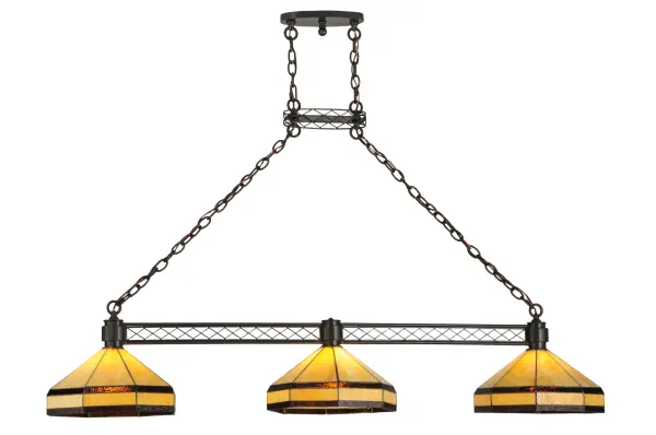 The sophisticated Top Ridge three light island fixture has Bone Beige shades with Rootbeer granite bands. The shades are suspended from a diamond accented bar that hangs from a diamond accented hub and chain. All metal parts are hand crafted in the USA by Meyda artisans and are finished in Timeless Bronze.