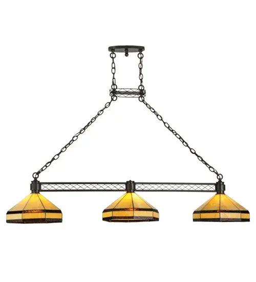 The sophisticated Top Ridge three light island fixture has Bone Beige shades with Rootbeer granite bands. The shades are suspended from a diamond accented bar that hangs from a diamond accented hub and chain. All metal parts are hand crafted in the USA by Meyda artisans and are finished in Timeless Bronze. - alternate view