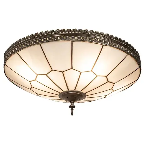 Embrace the timeless look of this classic lighting design. The fixture features Clear Frosted hand-curved art glass with a Honeycomb pattern. The shade is enhanced with Brass filigree accents finished in Craftsman Brown, highlighted to reveal an eye-catching dimensional look. Hardware is hand finished in Mahogany Bronze. The Quality Bent Glass division of Meyda is over 100 years in the making. Today we are still creating timeless masterpieces using tools & methods from the days when we supplied Tiffany Studios. Glass colors & metal finishes are customizable as each Tiffany Bent Panel fixture is handcrafted to order. Handmade in our 180,000 sq ft manufacturing facility in Yorkville, New York. UL & cUL listed for dry & damp locations. Collection: Vincent Finish: Mahogany Bronze & Highlighted Craftsman Brown Glass: Frosted Clear Glass Width: 21.00" Height: 11.00" Length: 21.00" Weight: 9.00 lb Number of Bulbs: 4 Maximum Wattage: 60.00 W Bulb Type: A19 Bulb Base: E26 Material: Steel/Brass Country of Origin: USA Safety Listing: Damp Safety Rating: Damp - alternate view
