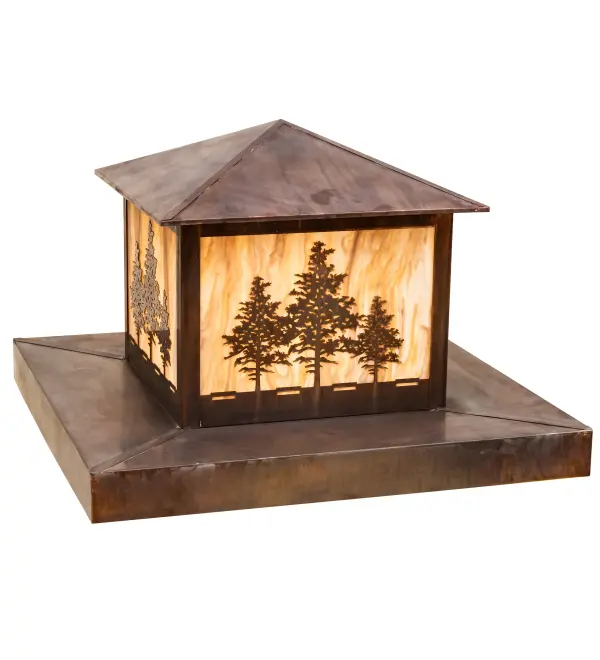 Three majestic Tamarack Tree silhouettes are highlighted as the brilliant sun shines in the late morning sky on this outdoor lighting fixture. The Travertine Idalight diffuser is enhanced with the Vintage Copper metal accents; frame and hardware. This pier mount is designed to top off a post or column on decks; driveways and other interior and exterior spaces while delivering ambient illumination. The Tamarack Pier Mount is included in our American made; American designed handcrafted Nature Inspired Lighting Collection. Manufactured in Yorkville; New York. UL and cUL listed for dry; damp and wet locations.