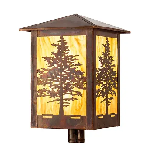 This stunning lighting fixture features tall Tamarack trees that grow tall towards the brilliant beams of a sunlit sky streaked with an array of Yellow tones glowing from the beautiful Travertine Idalight diffuser. Constructed of Solid Copper; this lighting fixture is handcrafted for durability and longevity and is resistant?to rust and corrosion. Designed in the Arts and Crafts tradition; this handsome shade is complemented with a Vintage Copper finish. The indoor/outdoor lighting fixture can be mounted to columns and posts on patios and decks while providing beautiful ambient lighting in fine homes and other spaces; from Biltmore; North Carolina; to Dumbarton Oaks in Washington; DC; to Montecito; California. The Tamarack Post Mount is featured in our American-made; American-designed; handcrafted Nature Inspired Lighting Collection. This fixture is manufactured in Yorkville; New York. UL and cUL listed for dry; damp; and wet locations. - alternate view