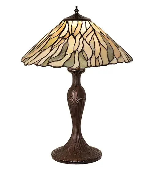 Thinly carved and polished Natural Jadestone in earthy tones of Moss Green and Ivory becomes luminescent in this wispy Willow leaf patterned shade. This stunning Jadestone shade is created using the famous Meyda Tiffany copperfoil construction technique and complemented with a table base in a warm Mahogany Bronze finish. The lamp is ideal for illuminating bedroom night tables; desks; and credenzas. The Willow Jadestone Table Lamp is featured in our American-designed; handcrafted Jadestone Lighting Collection. UL and cUL listed for dry locations. Each shade is a unique work of art with color variations based on natural ingredients inherent in the Jadestone. - alternate view