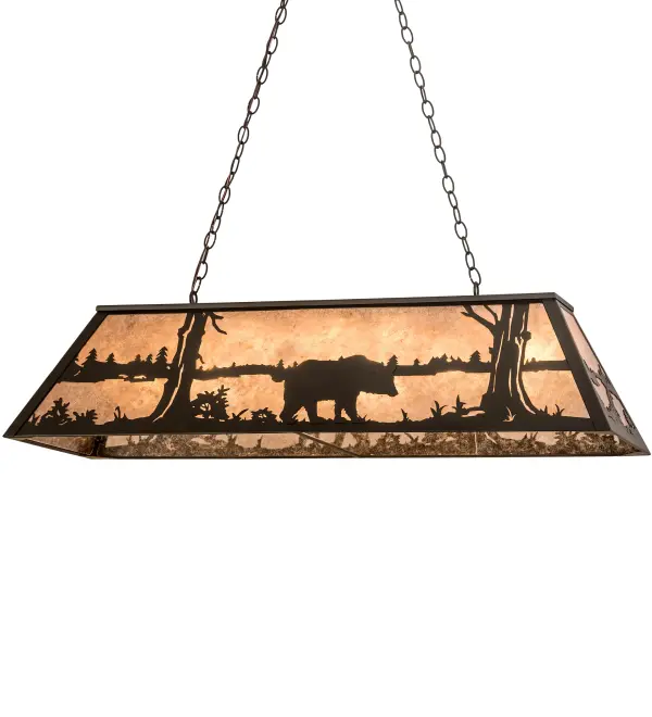 Drawing inspiration from the wildlife and natural beauty in the nearby Adirondack Mountains, this stunning lighting fixture depicts a majestic Bear wandering around the woodland lake. A beautiful ambient glow projects through stunning Silver Mica which is complemented with a frame and hardware featured in an Oil Rubbed Bronze finish. The fixture is ideal for illuminating billiard tables, islands, bars, counters and other areas. Overall height ranges from 22.5 to 44 inches as the chain can be easily adjusted in the field. Made to Order in our 180,000 sq ft Yorkville, NY based manufacturing facility. Custom designs, metal finishes, styles, sizes and lamping options available. UL and cUL listed for damp and dry locations. Collection: Bear At Lake Finish: Oil Rubbed Bronze Glass: Silver Mica Width: 17.00" Height: 22.00" Length: 48.00" Weight: 20.00 lb Number of Bulbs: 6 Maximum Wattage: 60.00 W Bulb Type: A19 Bulb Base: E26 Light Source: LED Material: Steel Country of Origin: USA Safety Listing: Damp Safety Rating: Damp LED