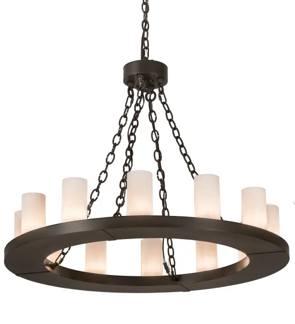 Blending an elegant style with a classic distinguished look, Loxley is custom crafted with 12 Statuario Idalight Cylindres. The chandelier is featured in a Timeless Bronze powder coat finish. Ideal for lighting applications in dining areas, conference tables, lobbies and other residential, hospitality and commercial spaces. The overall height ranges from 34 to 63 inches as the chain length can be easily adjusted in the field to accommodate your specific lighting needs. Handcrafted by highly skilled artisans in our 180,000 square foot manufacturing facility in Yorkville, New York. Diffuser colors, metal finishes and fixture sizes can be customized to your needs. UL and cUL listed for dry and damp locations. Collection: Loxley Finish: Timeless Bronze Glass: Whitestone Idalight Width: 36.00" Height: 34.00" Length: 36.00" Weight: 44.00 lb Number of Bulbs: 12 Maximum Wattage: 60.00 W Bulb Type: B11 Bulb Base: E26 Material: Steel Country of Origin: USA Safety Listing: Damp Safety Rating: Damp