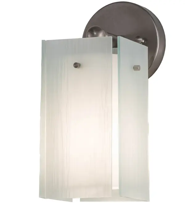 The Metro Quadrato Wall Sconce features stunning Frosted Rainy Glass panels that reveal a White cylindrical diffuser. The appealing wall fixture is enhanced with Solid Brass hardware finished in a Brushed Nickel. Handcrafted by highly skilled artisans in our 180,000 square foot manufacturing facility in Yorkville, NY. Custom sizes, styles, colors and dimmable energy efficient lamping options are available. The wall sconce is UL and cUL listed for dry and damp locations. Collection: Quadrato Finish: Brushed Nickel Glass: White Glass Cylinder Width: 5.50" Height: 11.75" Length: 6.75" Weight: 3.50 lb Extension from Wall: 6.75" Number of Bulbs: 1 Maximum Wattage: 60.00 W Bulb Type: T10 Bulb Base: E26 Material: Steel Country of Origin: USA Safety Listing: Damp Safety Rating: Damp