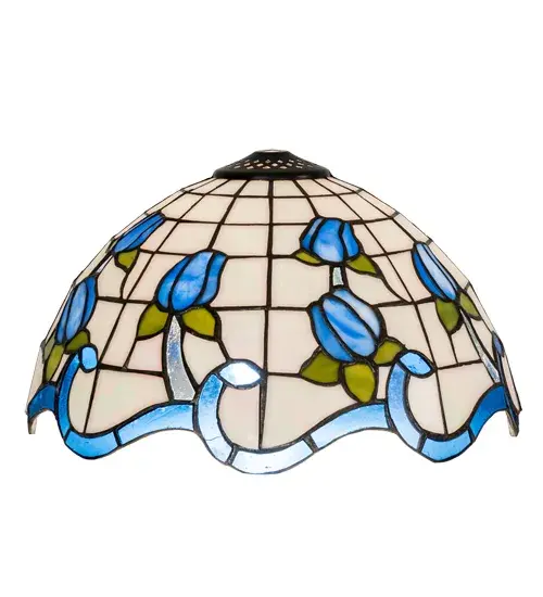 Every Meyda Tiffany item is a unique handcrafted work of art. Natural variations in the wide array of materials that we use to create each Meyda product make every item a masterpiece of its own. Photographs are a general representation of the product. Colors and designs will vary. Collection: Roseborder Glass: Stained Glass Width: 12.00" Height: 7.00" Length: 12.00" Weight: 3.00 lb Country of Origin: CHINA Safety Listing: Damp Safety Rating: Damp - alternate view