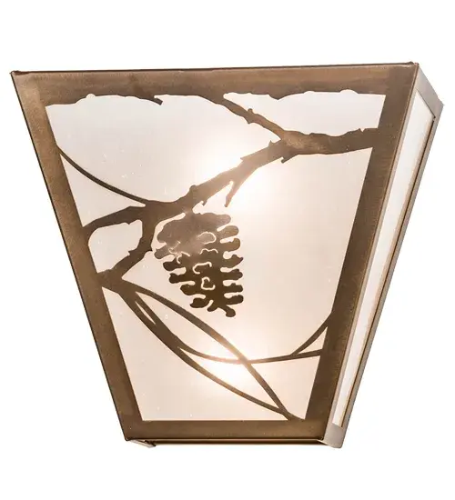Listen closely. You can almost hear the soft whisper of the pine branches as they dance in the wind. Enjoy the ambiance of soft beautiful light diffused through a Frosted Seeded Glass shade featuring stunning Pinecone and Pine Branch designs. The fixture is enhanced in an Antique Copper finish. Handcrafted by highly skilled artisans in our 180,000 square manufacturing facility in Yorkville, New York. Shade colors, metal finishes and sizes can be customized. UL and cUL listed for dry and damp locations. Collection: Whispering Pines Finish: Antique Copper Glass: Frosted Seeded Art Glass Width: 13.00" Height: 11.50" Length: 6.50" Weight: 6.00 lb Extension from Wall: 6.50" Number of Bulbs: 2 Maximum Wattage: 60.00 W Bulb Type: A19 Bulb Base: E26 Light Source: LED Material: Steel Country of Origin: USA Safety Listing: Damp Safety Rating: Damp LED - alternate view