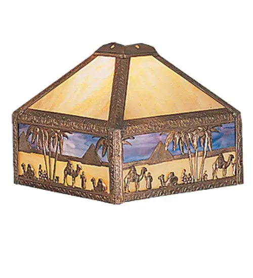 The ever-popular Camel with Pyramids design is featured on this stunning; Mission-style shade featuring Beige and Blurple art glass. The shade is enhanced with Hi-Lited Craftsman Brown filigree accents; revealing an eye-catching; dimensional look. It pairs well with a base to create a table lamp or matches with hardware to build a ceiling fixture. The Camel Mission Shade is included in our American-made; American-designed; handcrafted Quality Bent Glass Collection; which is manufactured in Yorkville; New York. Each shade is a unique work of art; featuring color variations derived from the natural ingredients inherent in the glass. The Quality Bent Glass division of Meyda Lighting has been in the making for over 100 years. Today; we continue to create timeless masterpieces using tools and methods that date back to the days when we supplied Tiffany Studios. Bent glass colors and metal finishes are customizable; as each fixture is handcrafted to order.