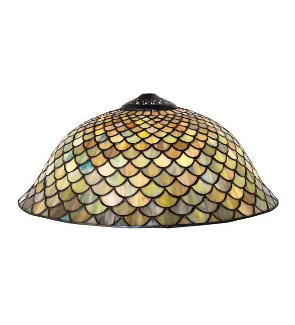 A Louis Comfort Tiffany studio classic... The renowned Fishscale design features a variegated Tortoiseshell of Emerald, Sapphire, Sunflower Yellow, Jade, Mauve, Amber, Brown and Beige colored art glass, evoking a unique dimensional and textured look in a rainbow of brilliant hues. This exquisite art glass shade is created using the famous Meyda Tiffany copperfoil construction process and pairs well with a base to create a table or floor lamp. Use hardware to build a wall or ceiling fixture. The Tiffany Fishscale Shade is included in our American-designed, handcrafted Tiffany Reproduction Lighting Collection. Each shade is a unique work of art with color variations based on natural ingredients inherent in the glass. Contact us if color matching is critical when ordering multiple items. Collection: Tiffany Fishscale Finish: Oil Rubbed Bronze Glass: Stained Glass Width: 16.00" Height: 7.00" Length: 16.00" Weight: 4.50 lb Extension from Wall: 7.50" Number of Bulbs: 2 Bulb Type: A19 Bulb Base: E26 Material: Steel Country of Origin: CHINA Safety Listing: Dry Safety Rating: Damp