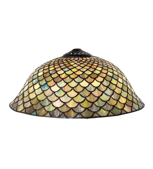 A Louis Comfort Tiffany studio classic... The renowned Fishscale design features a variegated Tortoiseshell of Emerald, Sapphire, Sunflower Yellow, Jade, Mauve, Amber, Brown and Beige colored art glass, evoking a unique dimensional and textured look in a rainbow of brilliant hues. This exquisite art glass shade is created using the famous Meyda Tiffany copperfoil construction process and pairs well with a base to create a table or floor lamp. Use hardware to build a wall or ceiling fixture. The Tiffany Fishscale Shade is included in our American-designed, handcrafted Tiffany Reproduction Lighting Collection. Each shade is a unique work of art with color variations based on natural ingredients inherent in the glass. Contact us if color matching is critical when ordering multiple items. Collection: Tiffany Fishscale Finish: Oil Rubbed Bronze Glass: Stained Glass Width: 16.00" Height: 7.00" Length: 16.00" Weight: 4.50 lb Extension from Wall: 7.50" Number of Bulbs: 2 Bulb Type: A19 Bulb Base: E26 Material: Steel Country of Origin: CHINA Safety Listing: Dry Safety Rating: Damp - alternate view