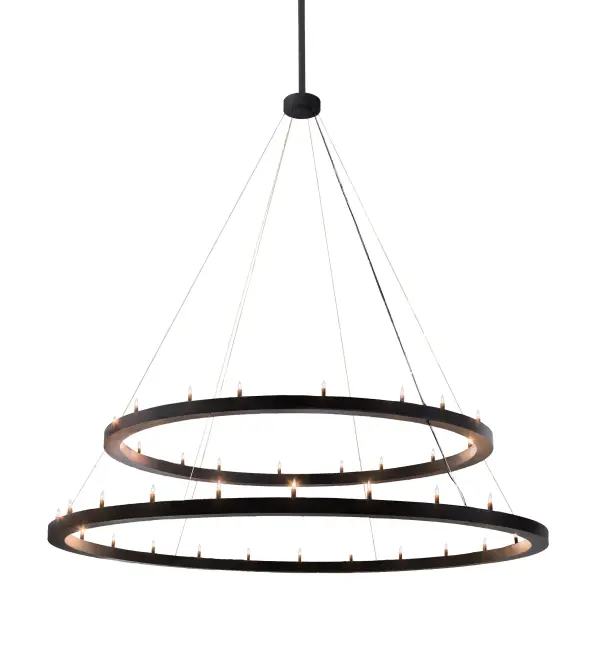 This massive Willowbend Loxley Pendant is custom crafted with 36 candelabra lamps on two decorative rings subtly suspended with aircraft cables. Two sturdy rings are finished in a bold Black Textured powder coat. Ideal for illuminating ballrooms; lobbies and other large spaces in hospitality and commercial environments. Handcrafted by highly skilled artisans in our 180;000 square foot manufacturing facility in Yorkville; NY. Custom colors; styles; and sizes available. Dimmable energy efficient lamping options offered. UL and cUL listed for dry and damp locations.