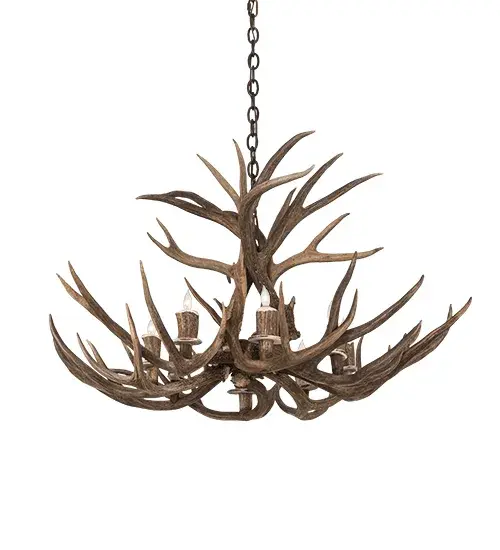 Dramatic wildlife designs come to light. Capture the rustic charm of naturally shed; hand selected Antlers from Fallow Deer. No animals are harmed and all Antlers are 100 percent authentic. This stunning chandelier is adorned with eight complementary candlelights that project beautiful ambient illumination. This fixture is enhanced with an Antique Copper finish. The overall height ranges from 23 to 56 inches as the chain length can be easily adjusted in the field to accommodate your specific lighting application needs. Handcrafted by highly skilled artisans in the USA. Handcrafted using sustainably harvested; naturally shed Antlers. No two antlers are exactly alike & natural variations may be expected from each one-of-a-kind piece. - alternate view