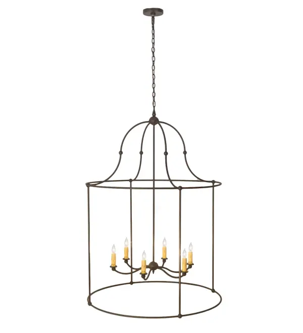 Brilliant sparkle and luxury come to light with this exquisite Baranya chandelier. This chandelier reveals six Amber faux candlelights delicately perched on bobeches. The hardware and frame are featured in a Wrought Iron finish. The overall height ranges from 66 to 180 inches as the stem length can be easily adjusted in the field to accommodate your specific lighting application needs. Custom crafted by highly skilled artisans in our 180,000 square foot manufacturing facility in Yorkville, NY. UL and cUL listed for dry and damp locations. Collection: Baranya Finish: Wrought Iron Glass: White Width: 42.00" Height: 65.50" Length: 42.00" Weight: 24.00 lb Number of Bulbs: 6 Maximum Wattage: 60.00 W Bulb Type: B11 Bulb Base: E26 Light Source: LED Material: Steel Country of Origin: USA Safety Listing: Damp Safety Rating: Damp LED