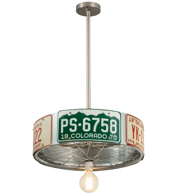 The StatePlate Pendant features various license plates from Colorado, Nebraska, Oklahoma and Minnesota around its perimeter. Each license plate is unique and repurposed for this fixture. The interior of the dramatically styled pendant features a Raw Steel tire rim with spokes and illuminates with a customer supplied Edison bulb.Handcrafted in our180,000 square foot manufacturing ?facilityin Yorkville, NY?. This personalized item isone example of our craftsmanship. You will receive unique license plate variations as we source them. If you have a specific region that you desire, we can build a fixture to suit your needs. Collection: Stateplate Finish: Raw Steel Glass: Charcoal,Silver Mica Width: 22.00" Height: 33.50" Length: 22.00" Weight: 13.00 lb Number of Bulbs: 1 Maximum Wattage: 12.00 W Bulb Type: G30 Bulb Base: E26 Light Source: LED Material: Steel Country of Origin: USA Safety Listing: Damp Safety Rating: Damp LED