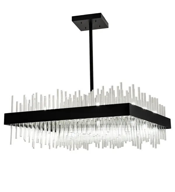 Designed like a magical array of icicles frozen in time. Arendelle features 270 Clear Glass Rods at various heights in a stunning configuration. The striking array is surrounded by a square frame and hardware featured in a bold Solar Black finish. The Arendelle Chandelier is included in our American-made, American-designed, handcrafted Abstract Lighting Collection and manufactured in Yorkville, NY. UL and cUL listed for dry and damp locations and featured in Mastro's Ocean Club in Ft Lauderdale, FL. Collection: Arendelle Finish: Solar Black Glass: Clear Glass Width: 48.00" Height: 50.00" Length: 48.00" Weight: 290.00 lb Number of Bulbs: 33 Maximum Wattage: 7.00 W Bulb Type: T4 Bulb Base: G9 Light Source: LED Material: Steel Country of Origin: USA Safety Listing: Damp Safety Rating: Damp LED