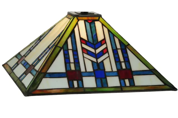 In the tradition of the Prairie School; organic objects were interpreted into geometric forms. Meyda Tiffany uses colorful interlocking blocks of Willow Green and Blue granite glass to form stylized wheat stalks on a Beige Cream background; with Red and Blue accents. The stained glass shade is created using the famous Meyda Tiffany copperfoil construction technique. The shade pairs well with a base to create a table or floor lamp; and it can be matched with hardware to build a ceiling fixture. The Prairie Wheat Shade is featured in our American-designed; handcrafted Mission Lighting Collection. Each piece is a unique work of art; featuring color variations derived from the natural ingredients inherent in the glass.