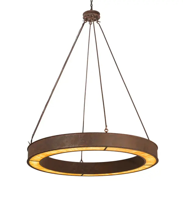 Blending an elegant style with a classic distinguished look, Escabroso is custom crafted with an Ambra Siena Idalight diffuser. The grandiose chandelier is featured in a Rusty Nail finish. Integral LEDs deliver energy efficiency and long life illumination. Ideal for lighting applications in dining areas, conference tables, lobbies and other residential, hospitality and commercial spaces. Overall height ranges from 81 to 260 inches as the chain length can be easily adjusted in the field to accommodate your specific lighting needs. Handcrafted in our 180,000 square foot manufacturing facility in Yorkville, New York. Diffuser colors, metal finishes and fixture sizes can be customized to your needs. UL and cUL listed for dry and damp locations. Collection: Escabroso Finish: Rusty Nail Glass: Ambra Siena Idalight Width: 60.00" Height: 81.00" Length: 60.00" Weight: 144.00 lb Number of Bulbs: 4 Maximum Wattage: 96.00 W Bulb Type: LED Bulb Base: INTEGRAL Light Source: LED Color Temperature: 3000 K Material: Steel Country of Origin: USA Safety Listing: Damp Safety Rating: Damp LED